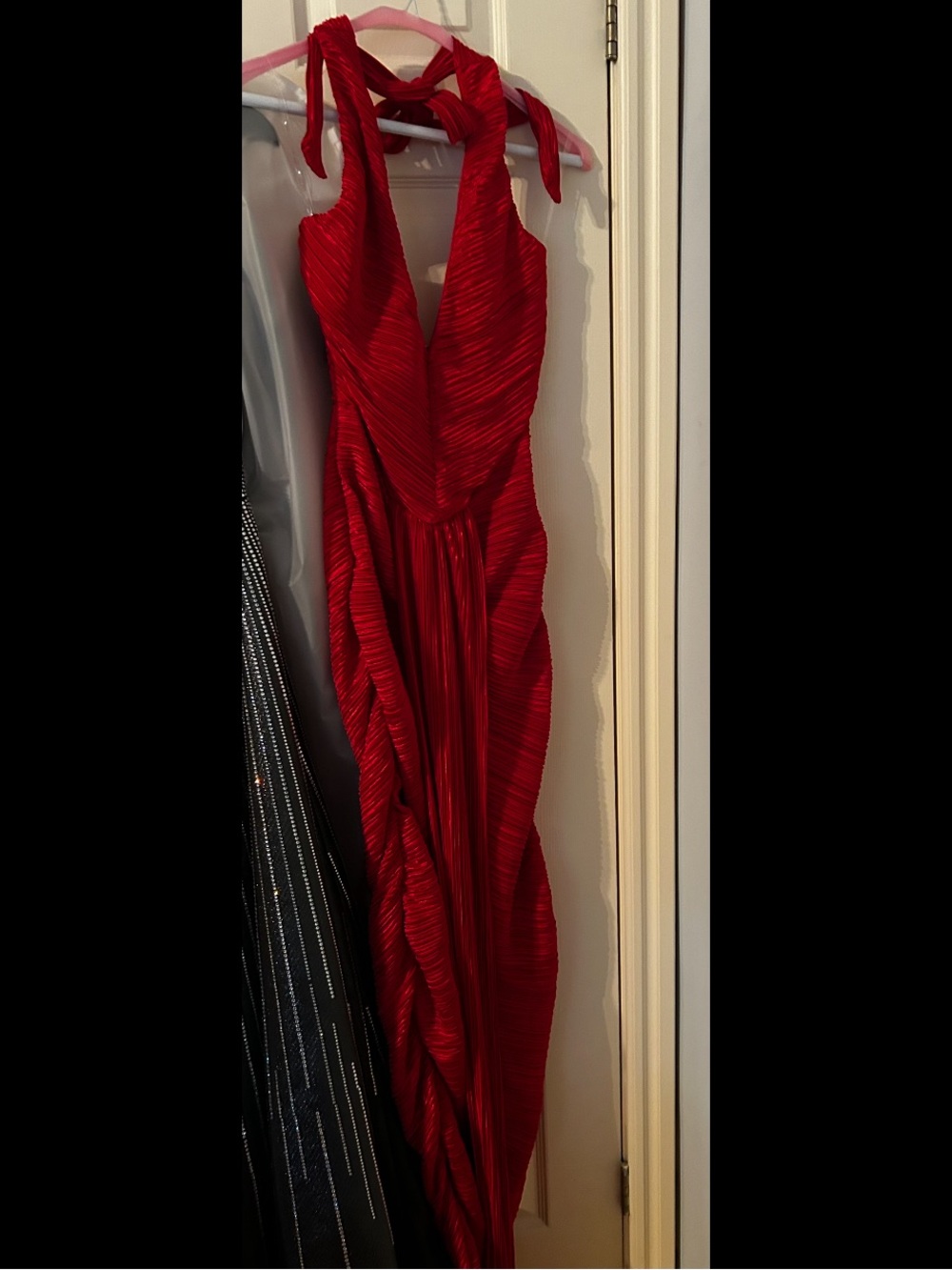 Fashion Nova Red Pleated Halter Maxi Dress